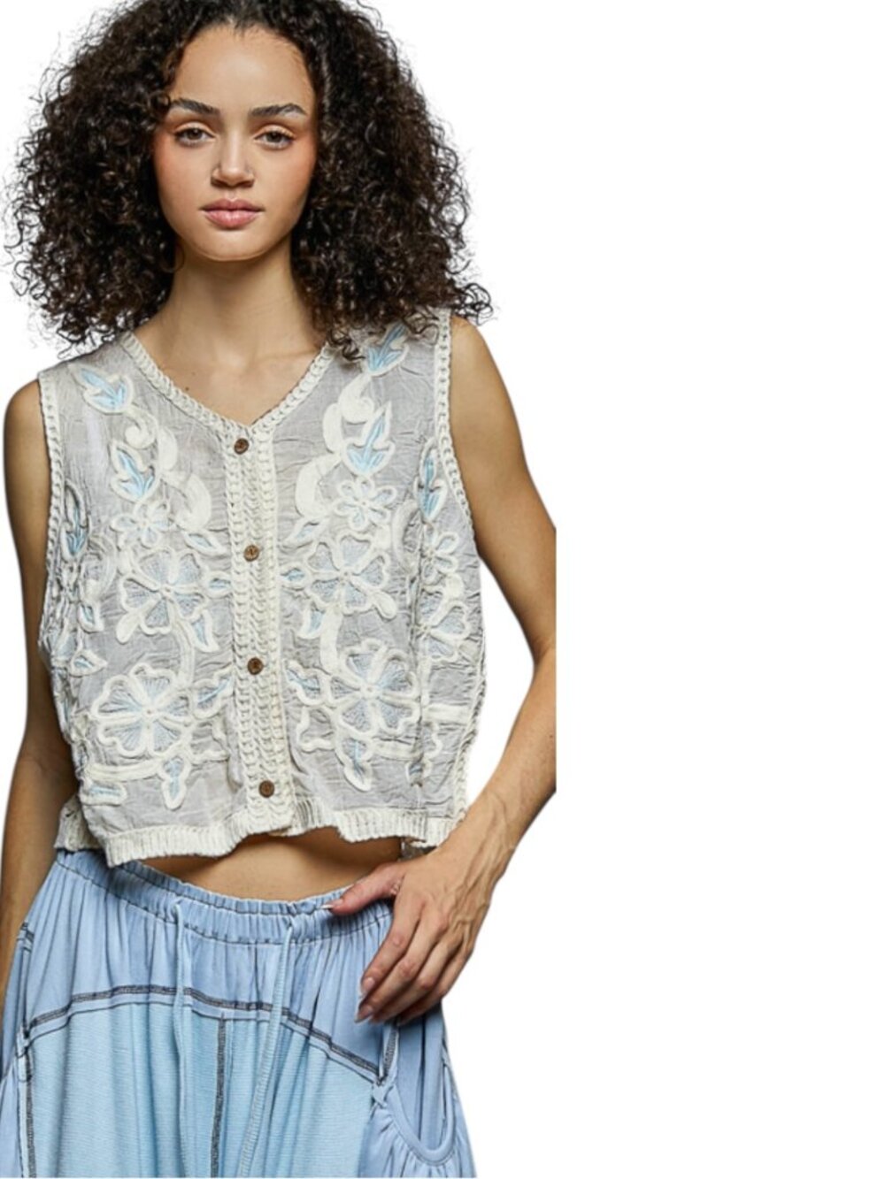 Cotton Vest Top Crochet Detailing With Floral Embroidery